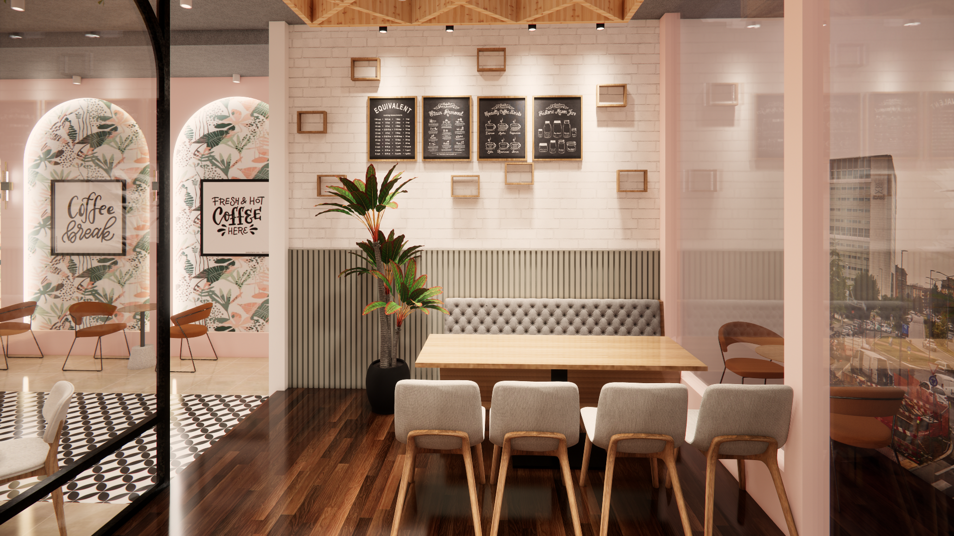 Tufted booth seating with chalkboard menu wall