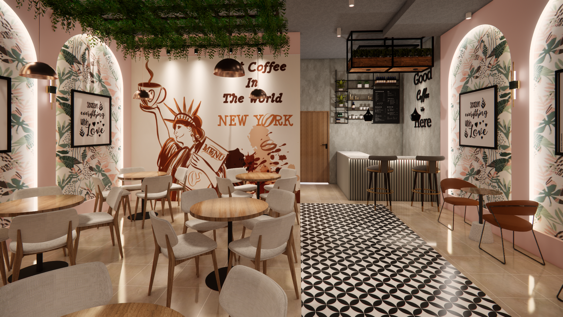 Main dining area with New York mural and tropical arches