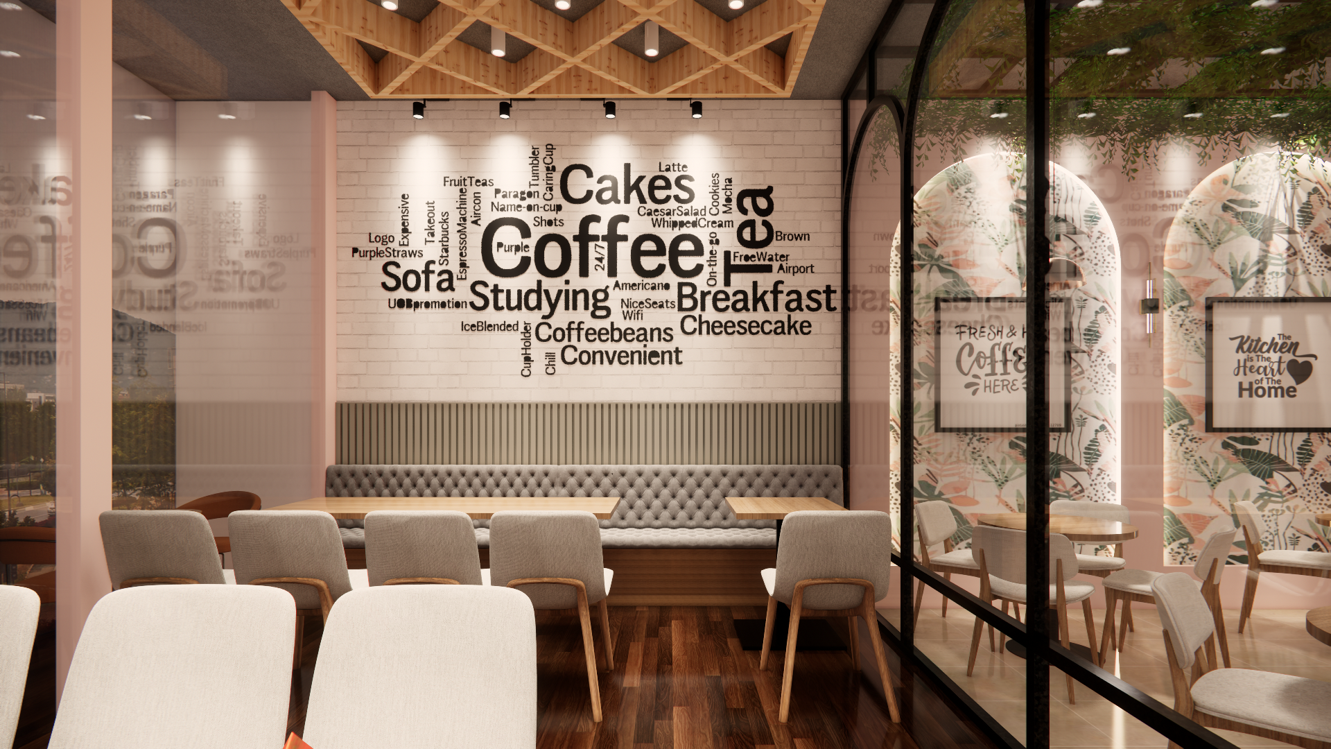 Private dining room with typography wall art